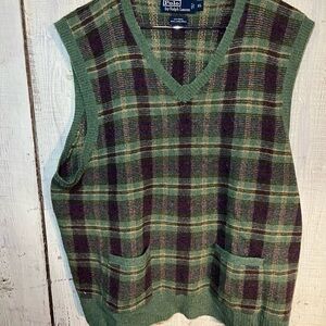 Ralph Lauren V-Neck Green and Brown Plaid Sweater Vest